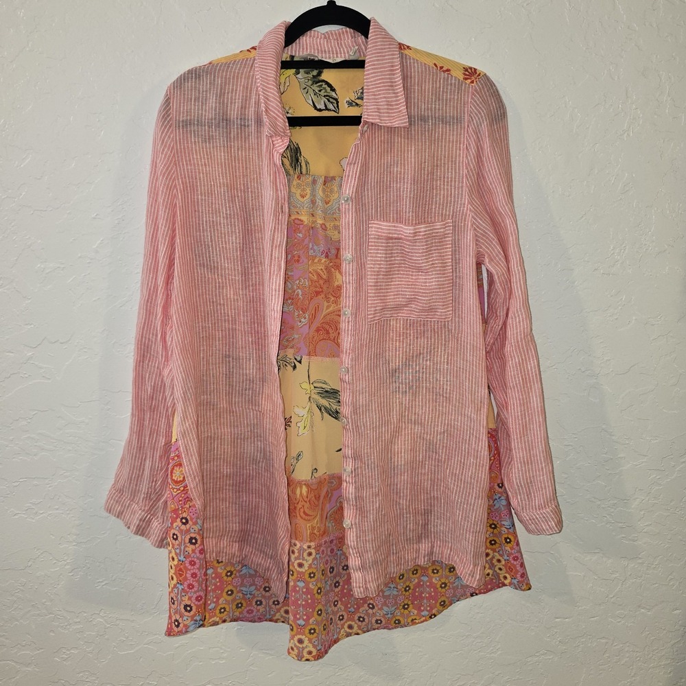 Soft Surroundings Galina Tunic Linen striped Patchwork Back Orange button Boho